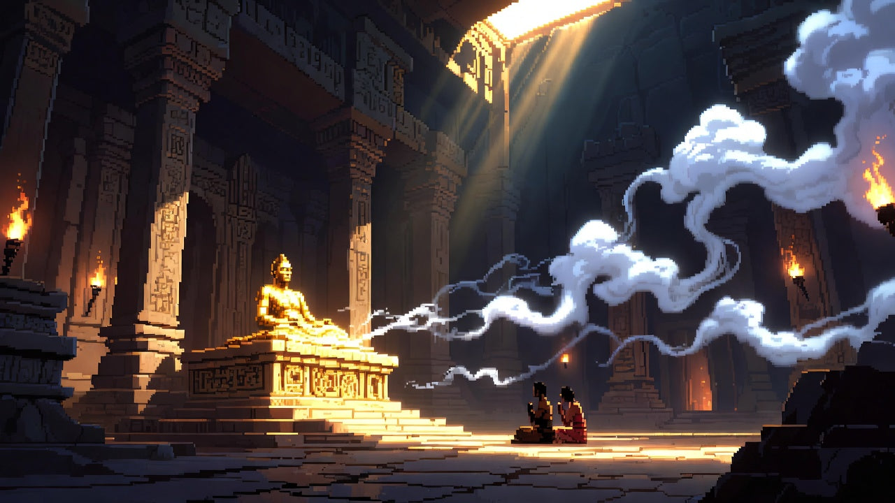 Pixel art of a glowing temple statue surrounded by stone columns, torchlight, and drifting incense smoke.